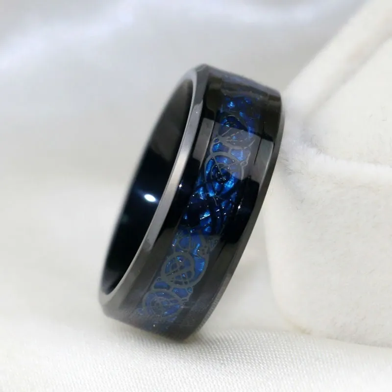 Black Celtic Dragon and Blue Cubic Zirconia Claddagh Stainless Steel Wedding Bands