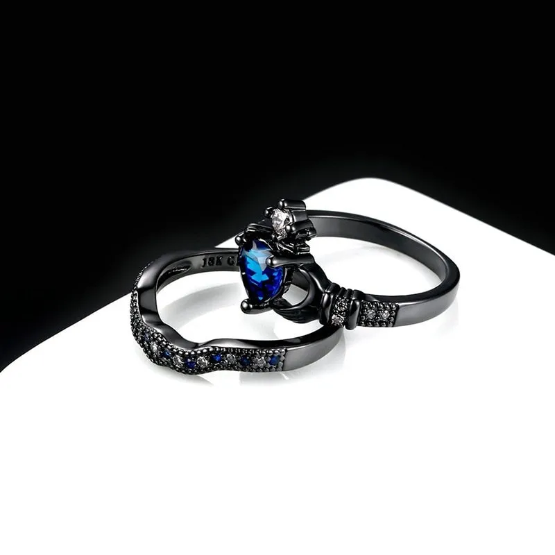 Black Celtic Dragon and Blue Cubic Zirconia Claddagh Stainless Steel Wedding Bands