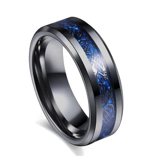 Black Celtic Dragon and Blue Cubic Zirconia Claddagh Stainless Steel Wedding Bands