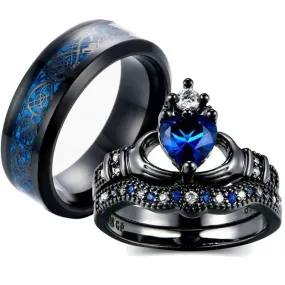 Black Celtic Dragon and Blue Cubic Zirconia Claddagh Stainless Steel Wedding Bands