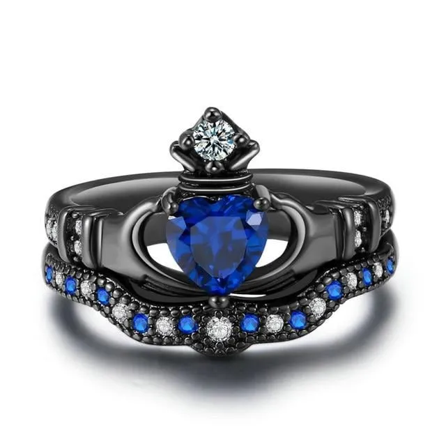 Black Celtic Dragon and Blue Cubic Zirconia Claddagh Stainless Steel Wedding Bands