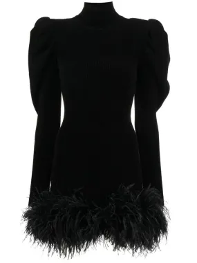 Black Feathers Puff Sleeves Mini Dress