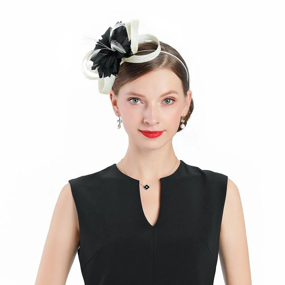 Black Flower Headband Pillbox Fascinator Hat with White Feathers