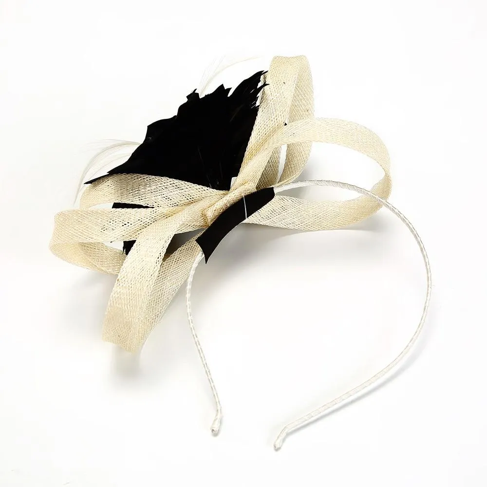 Black Flower Headband Pillbox Fascinator Hat with White Feathers