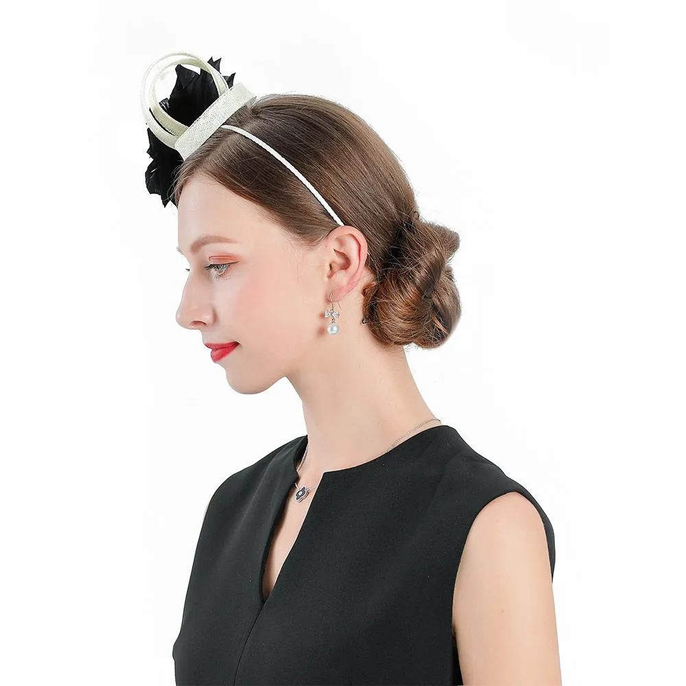 Black Flower Headband Pillbox Fascinator Hat with White Feathers