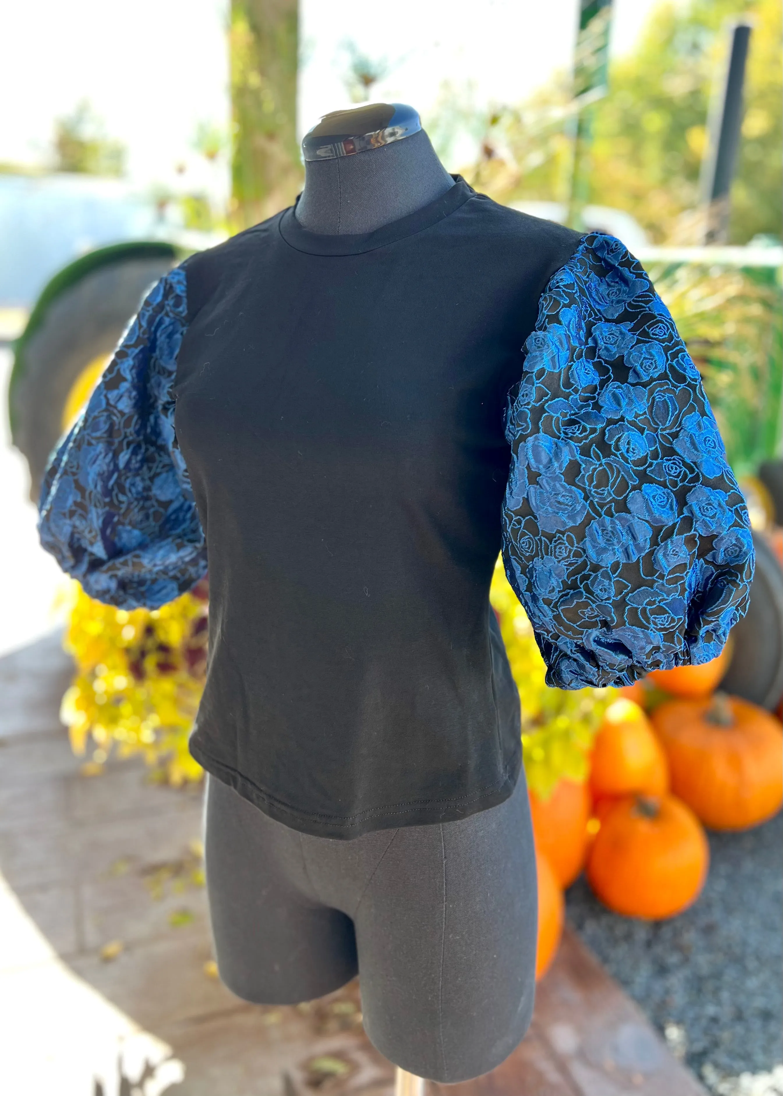 Black Jacquard Puff Sleeve Top