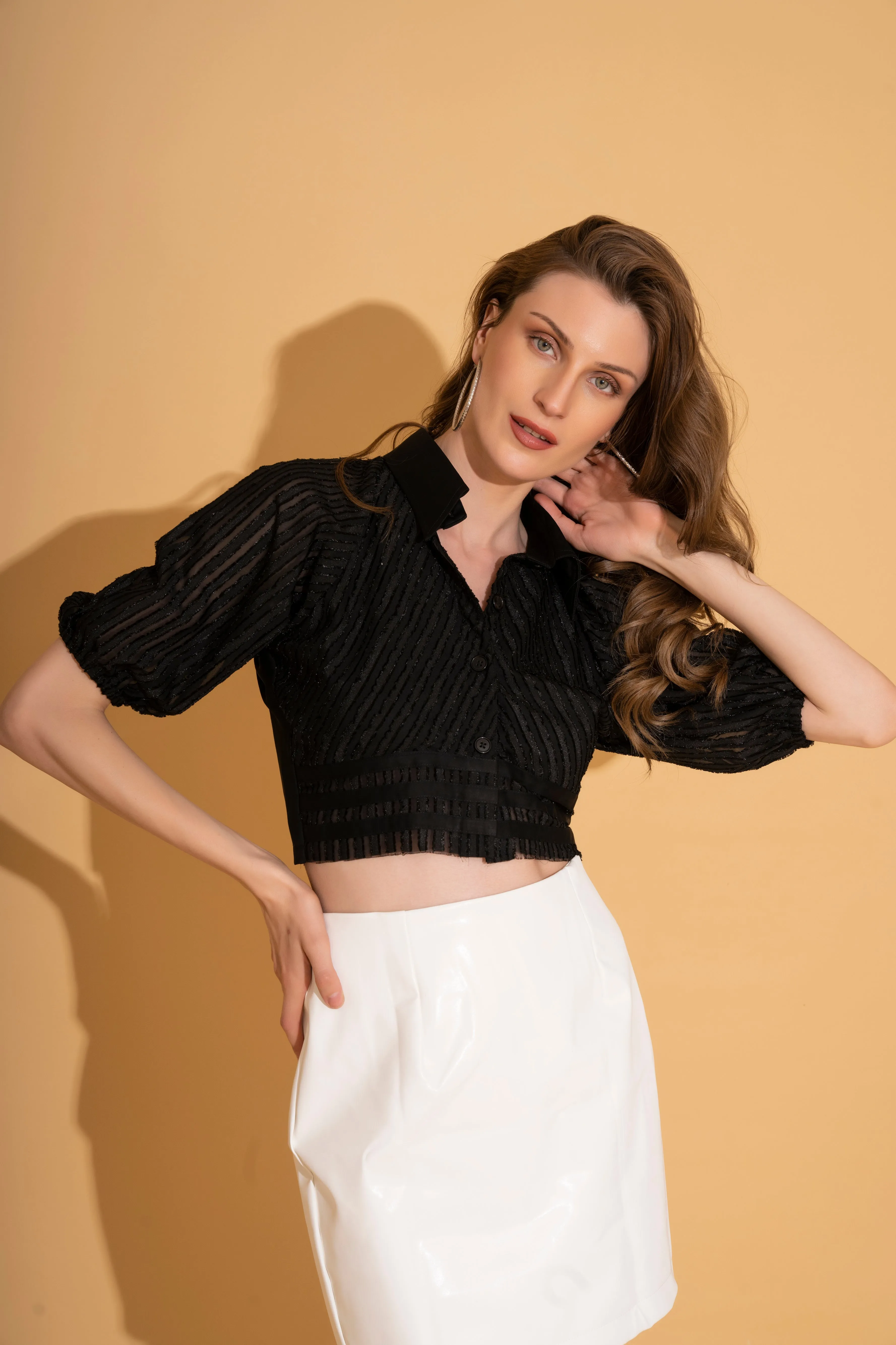 Black Puff Sleeve Crop Shirt