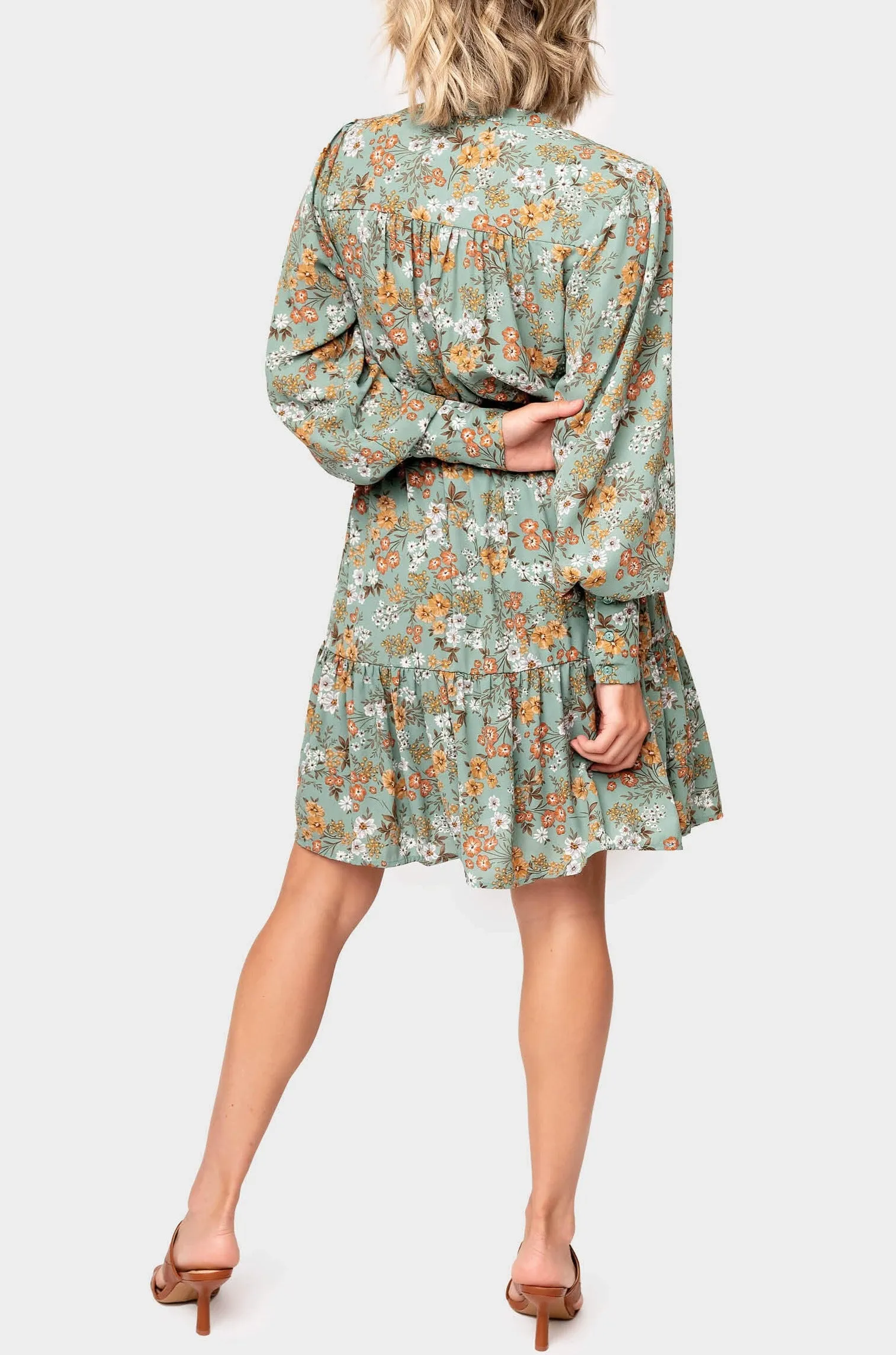 Blouson Long Sleeve Button Front Belted Dress