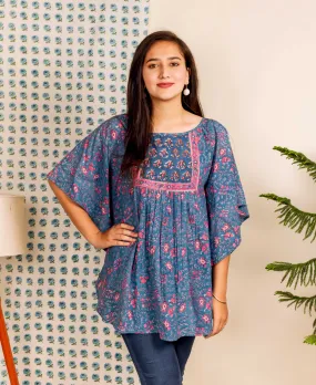 Blue and Pink Hand Block Printed Kaftan Top