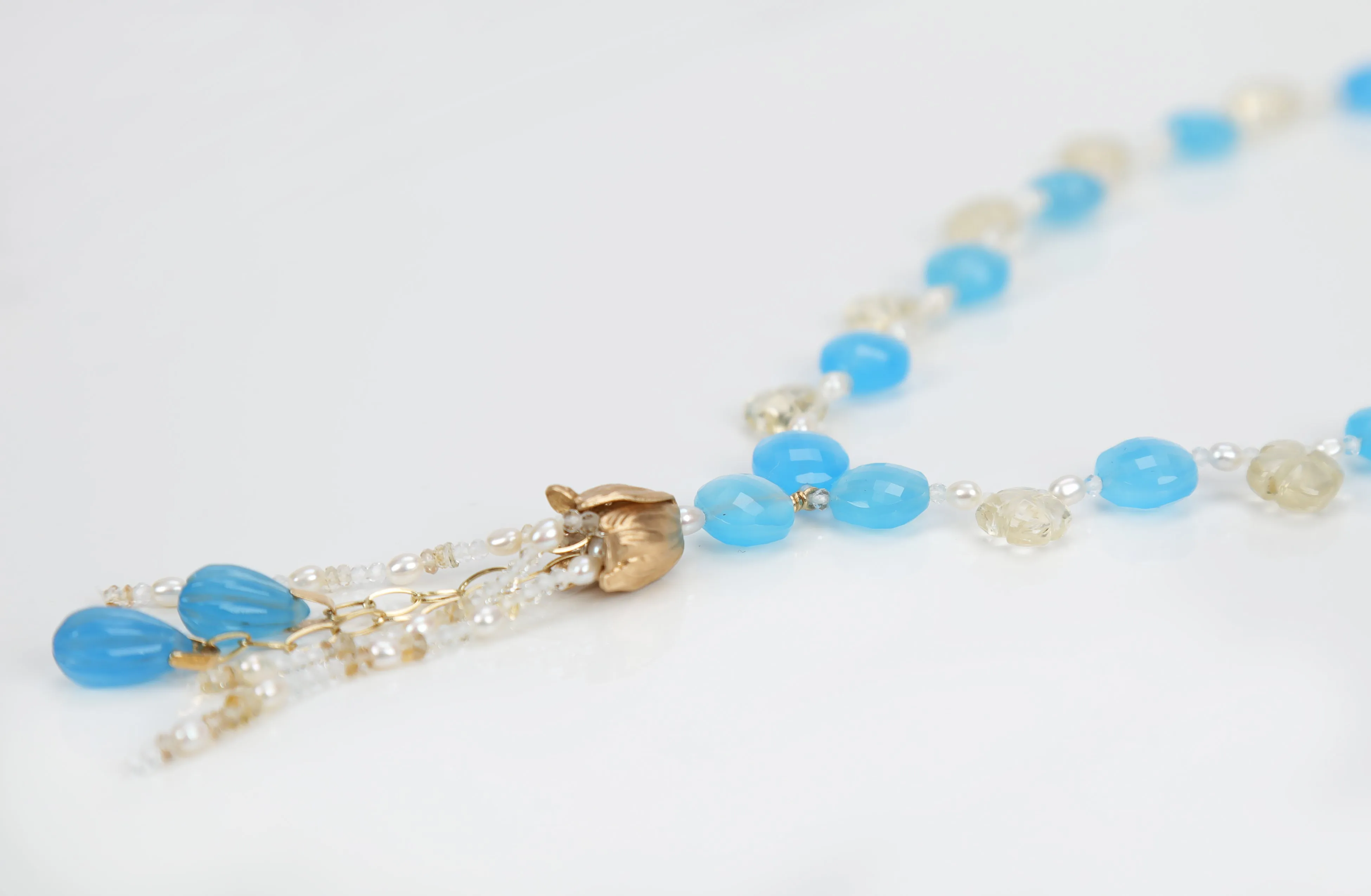 Blue Chalcedony, Scapolite, White Topaz, Pearl, and Yellow Gold Necklace