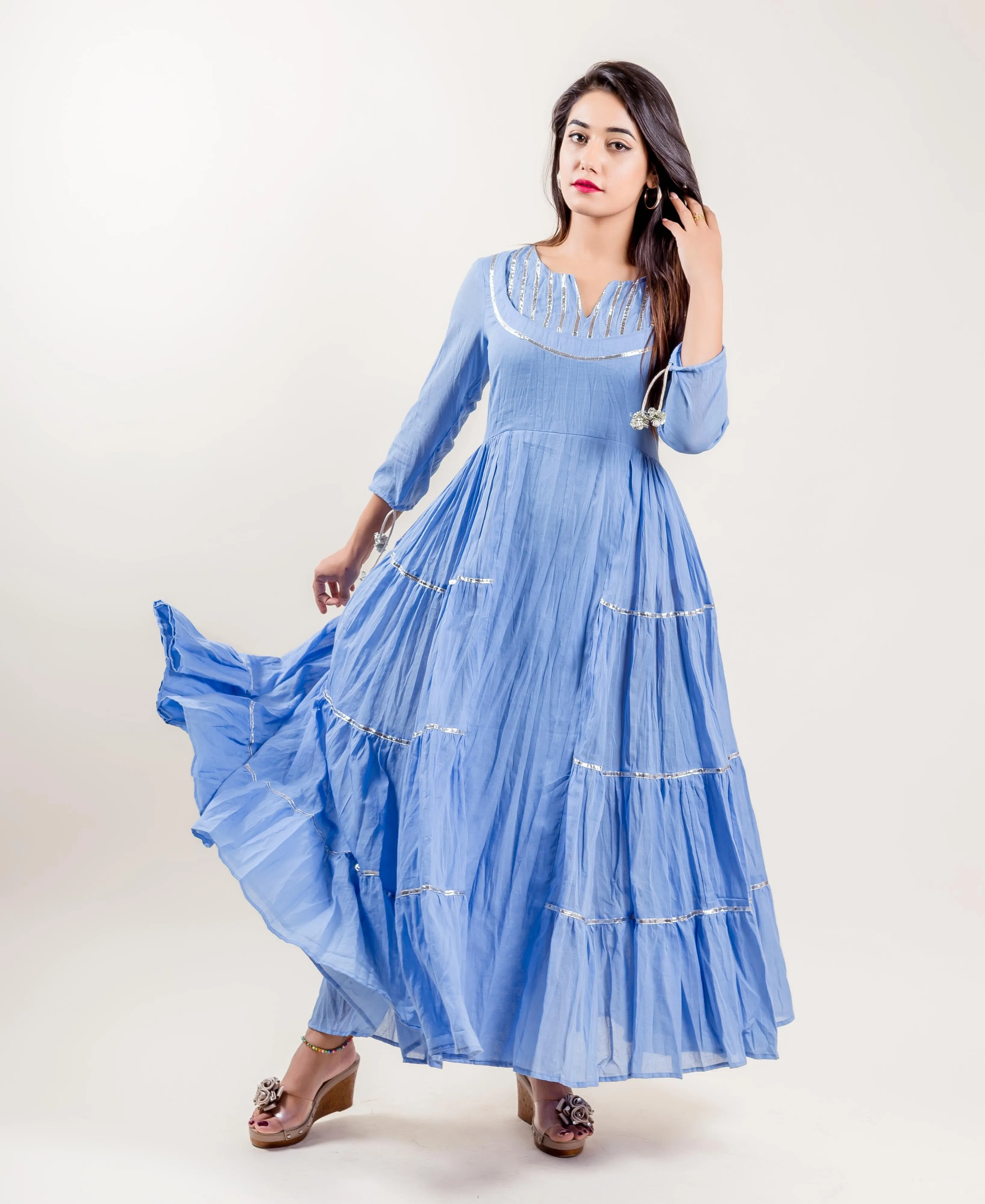 Blue Cotton Tiered Indo Western Style Gown Dress