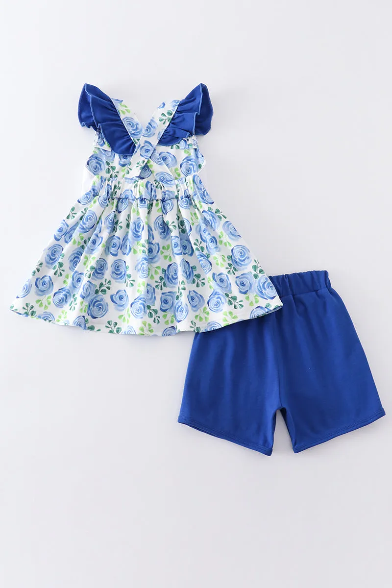 Blue rose print I love mommy embroidery girl set