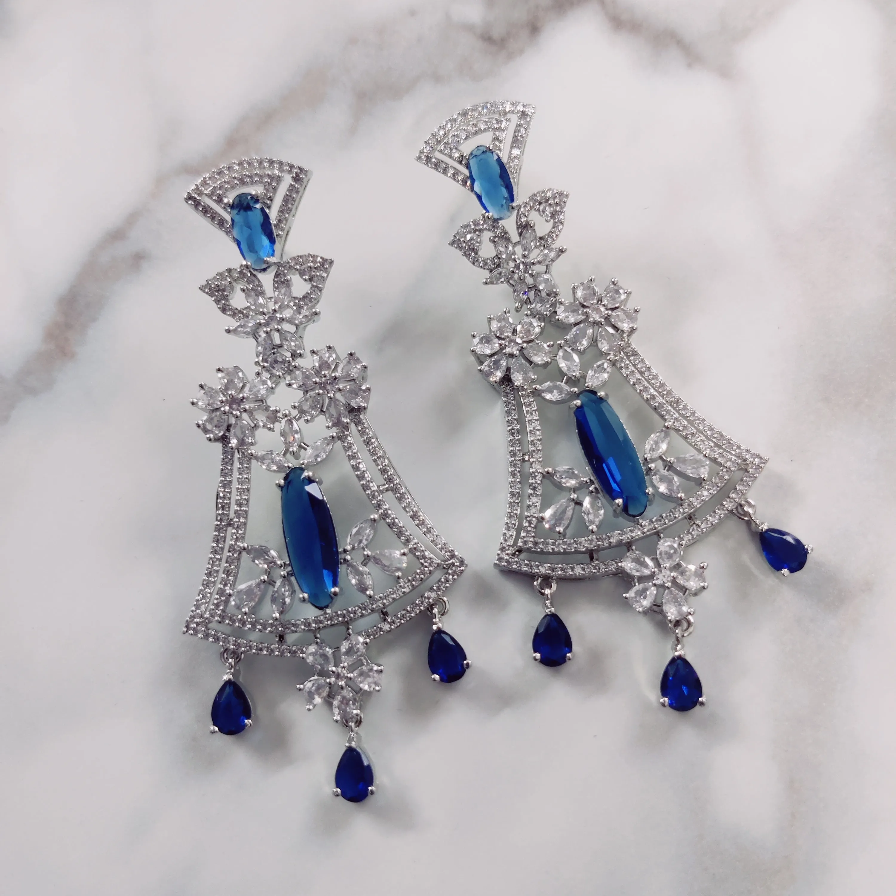 Blue-White Rhodium Earrings