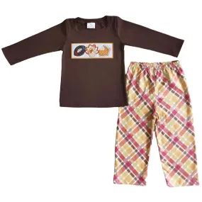 Boys Outfit - Thanksgiving - Turkey Football Pie Applique Plaid