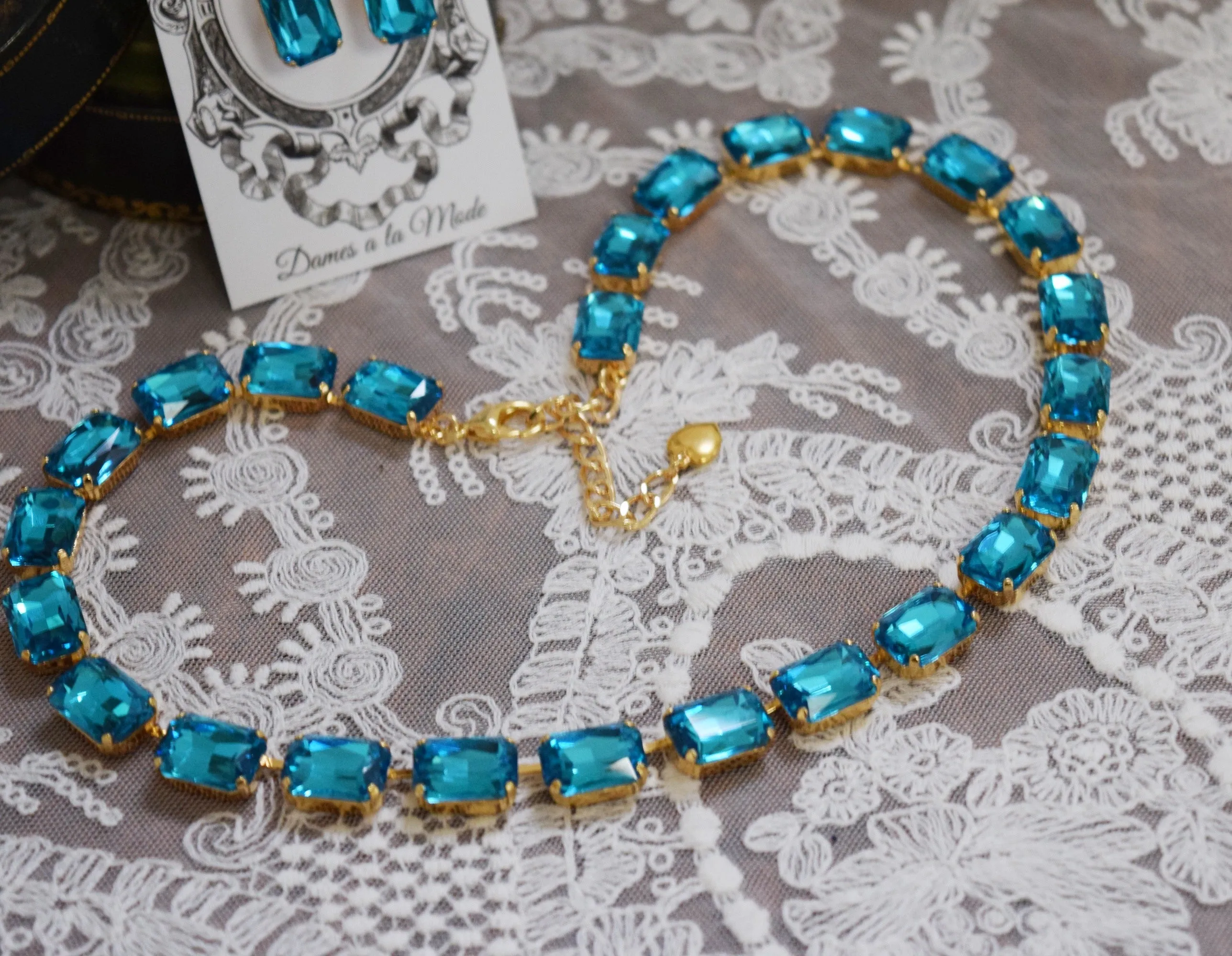 Bright Aqua Blue Aurora Crystal Necklace - Medium Octagon