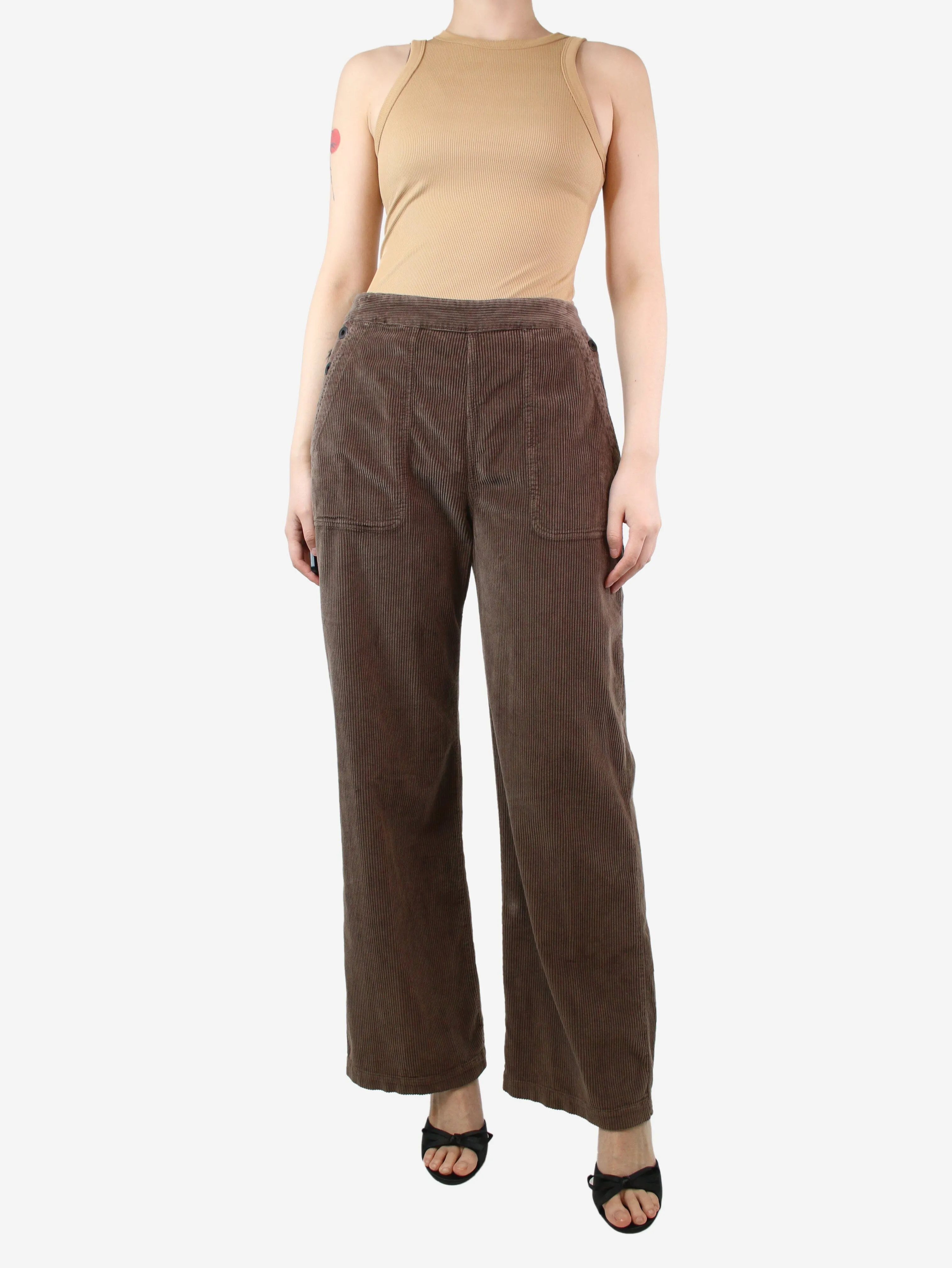 Brown corduroy straight-leg trousers - size UK 10