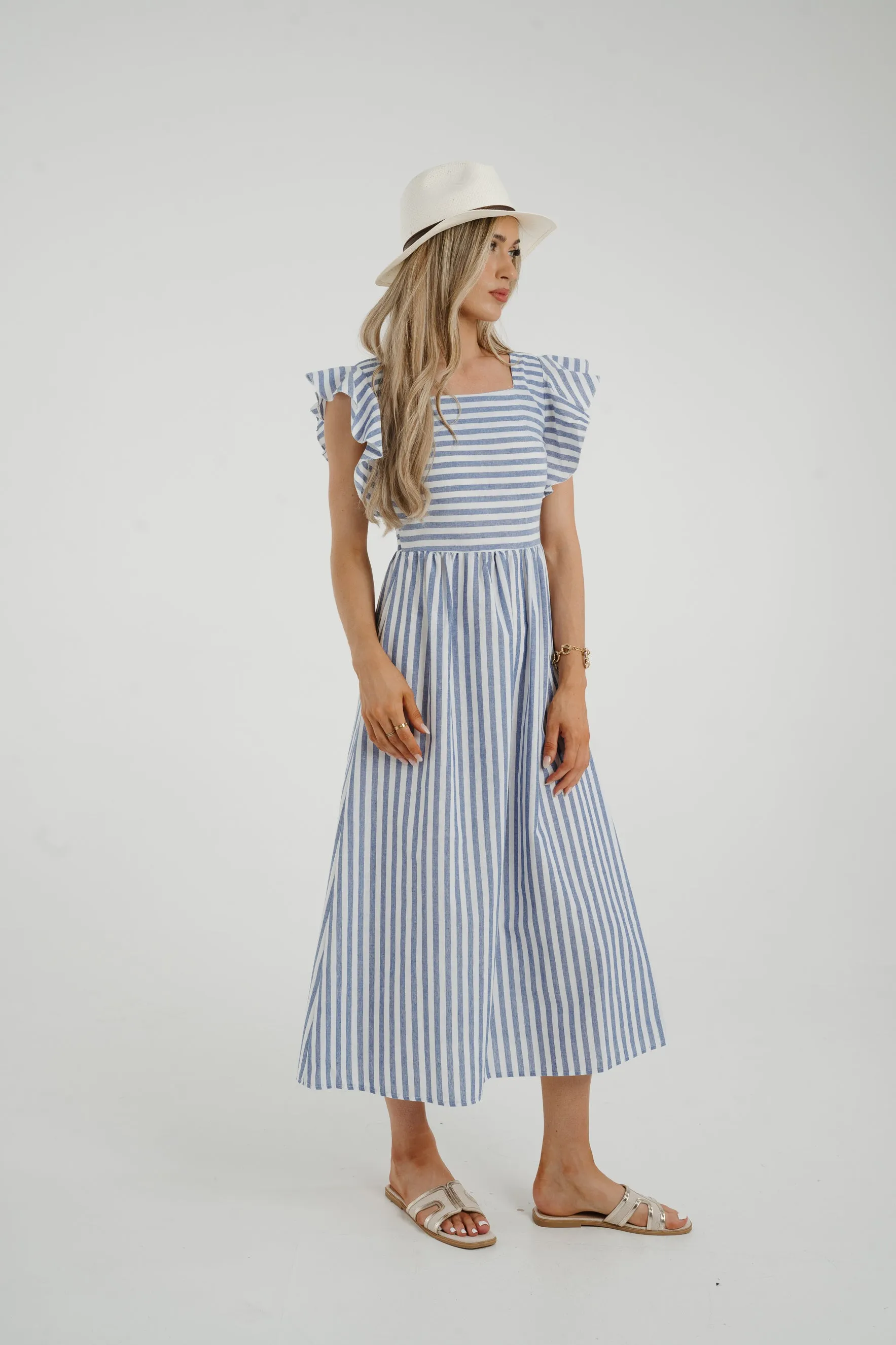 Caitlyn Frill Shoulder Stripe Dress In Blue