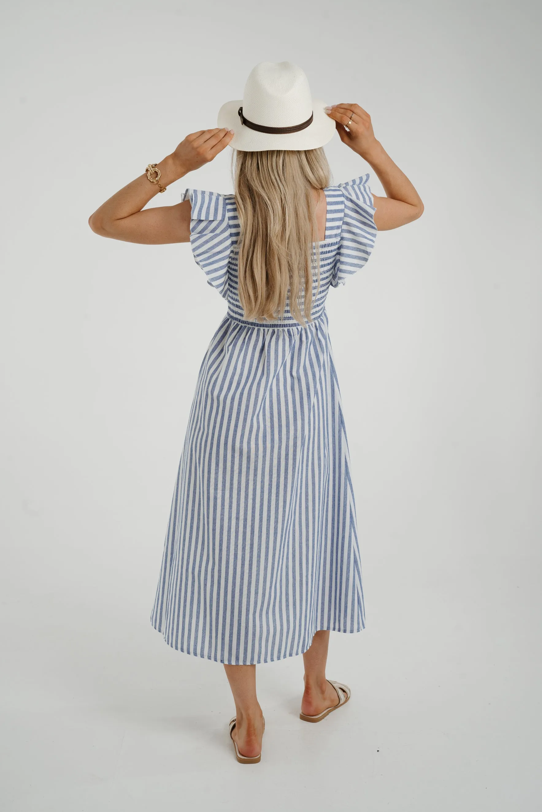 Caitlyn Frill Shoulder Stripe Dress In Blue