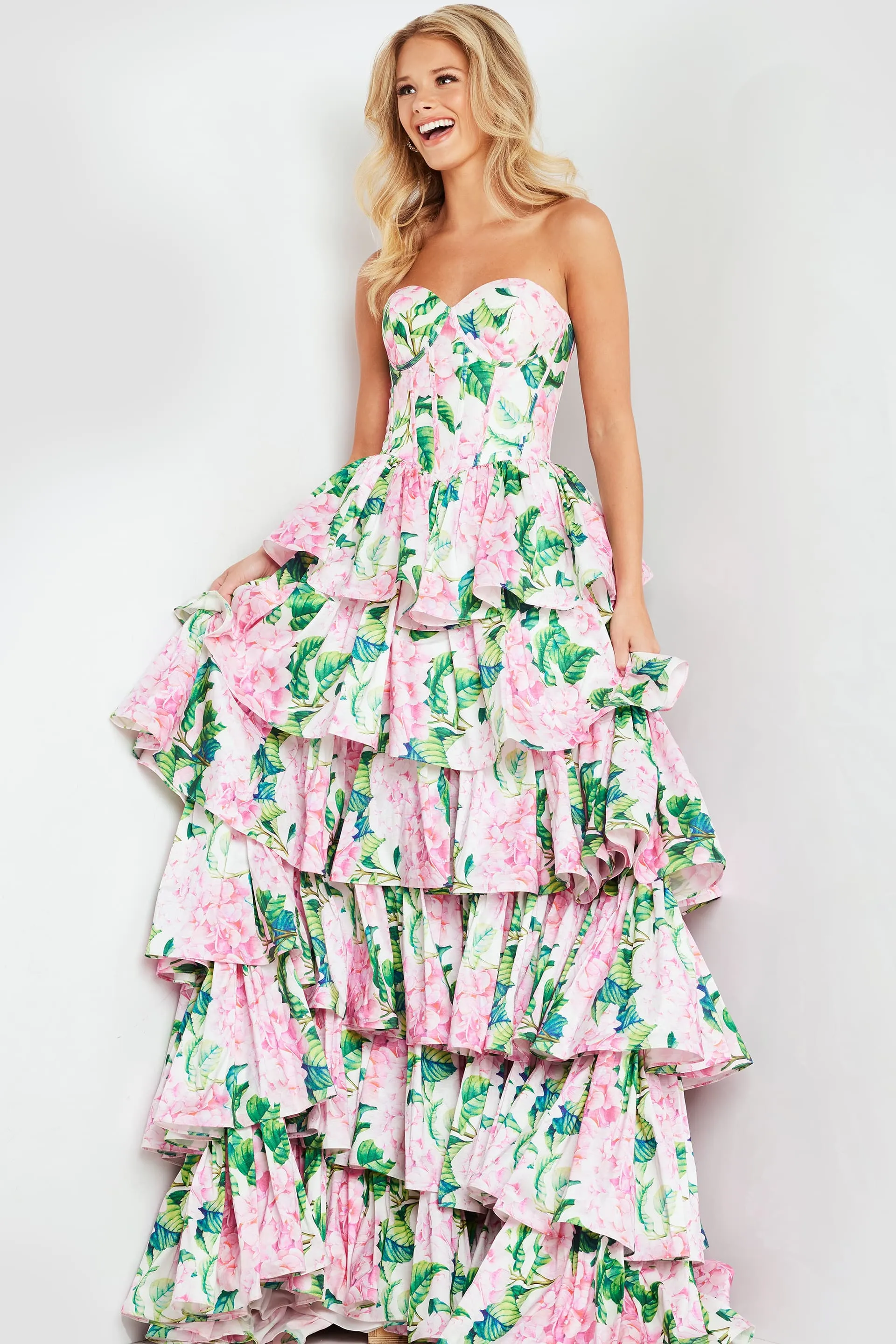 Charlene | Floral Print Satin Strapless Gown | JVN37058