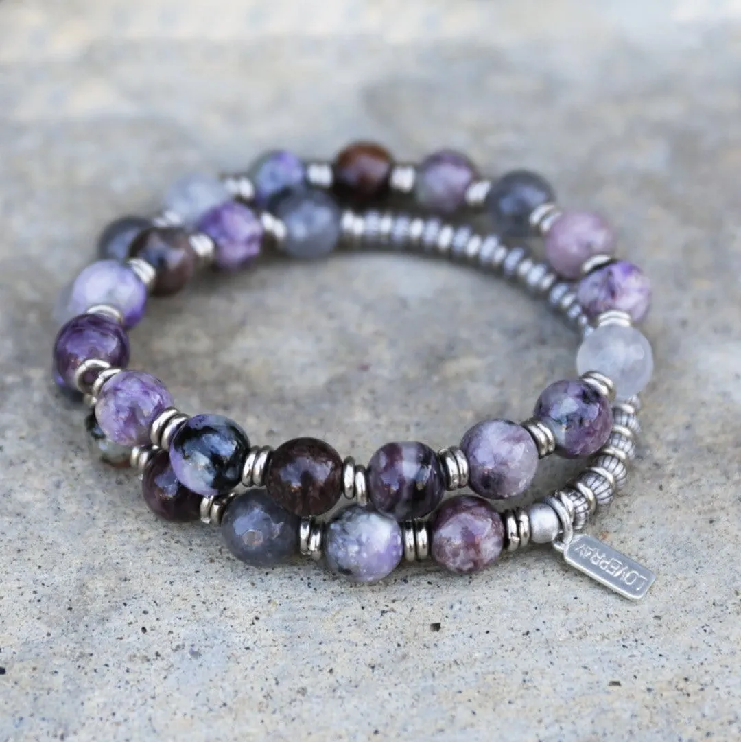 Charoite and Quartz Crystal Mala Bracelet