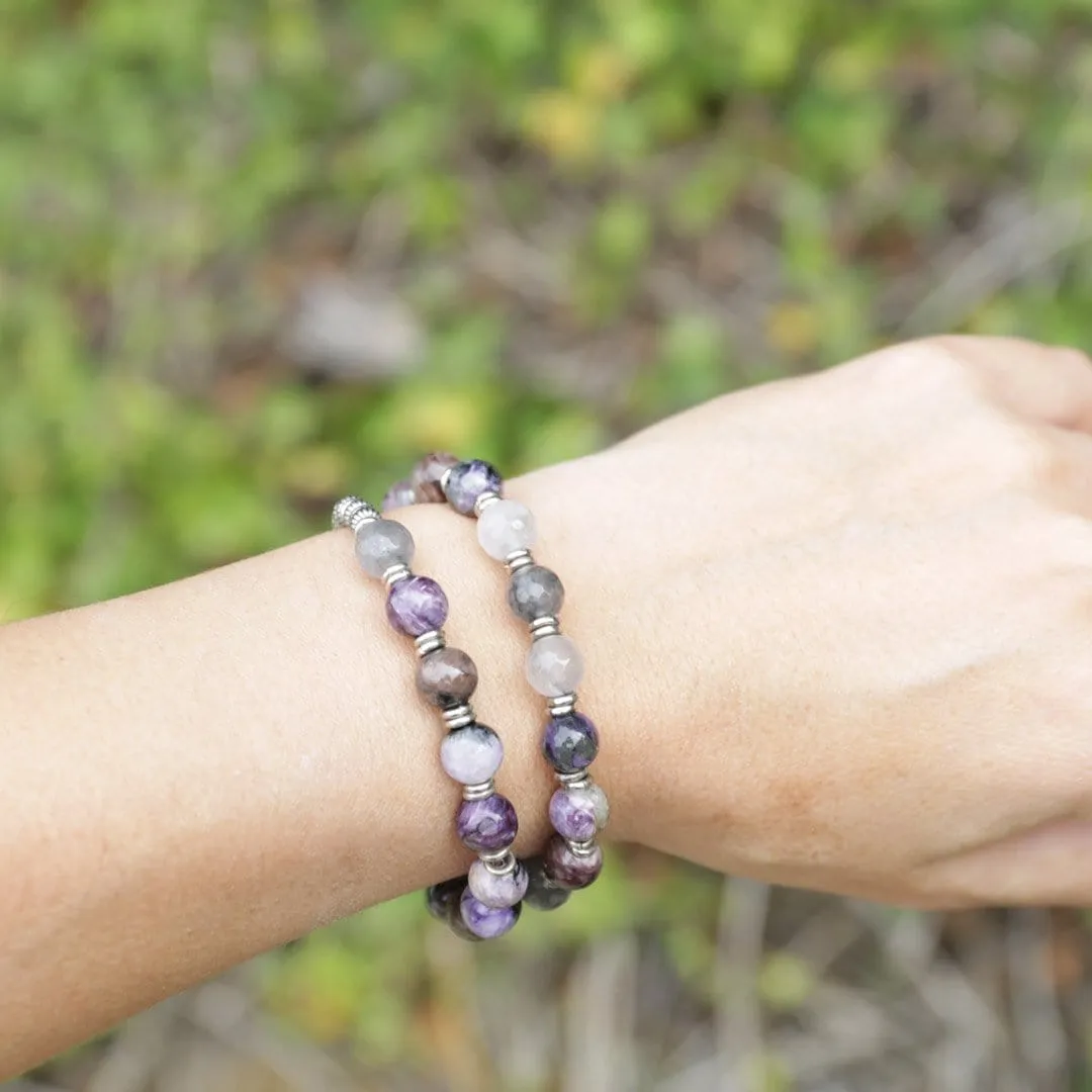 Charoite and Quartz Crystal Mala Bracelet