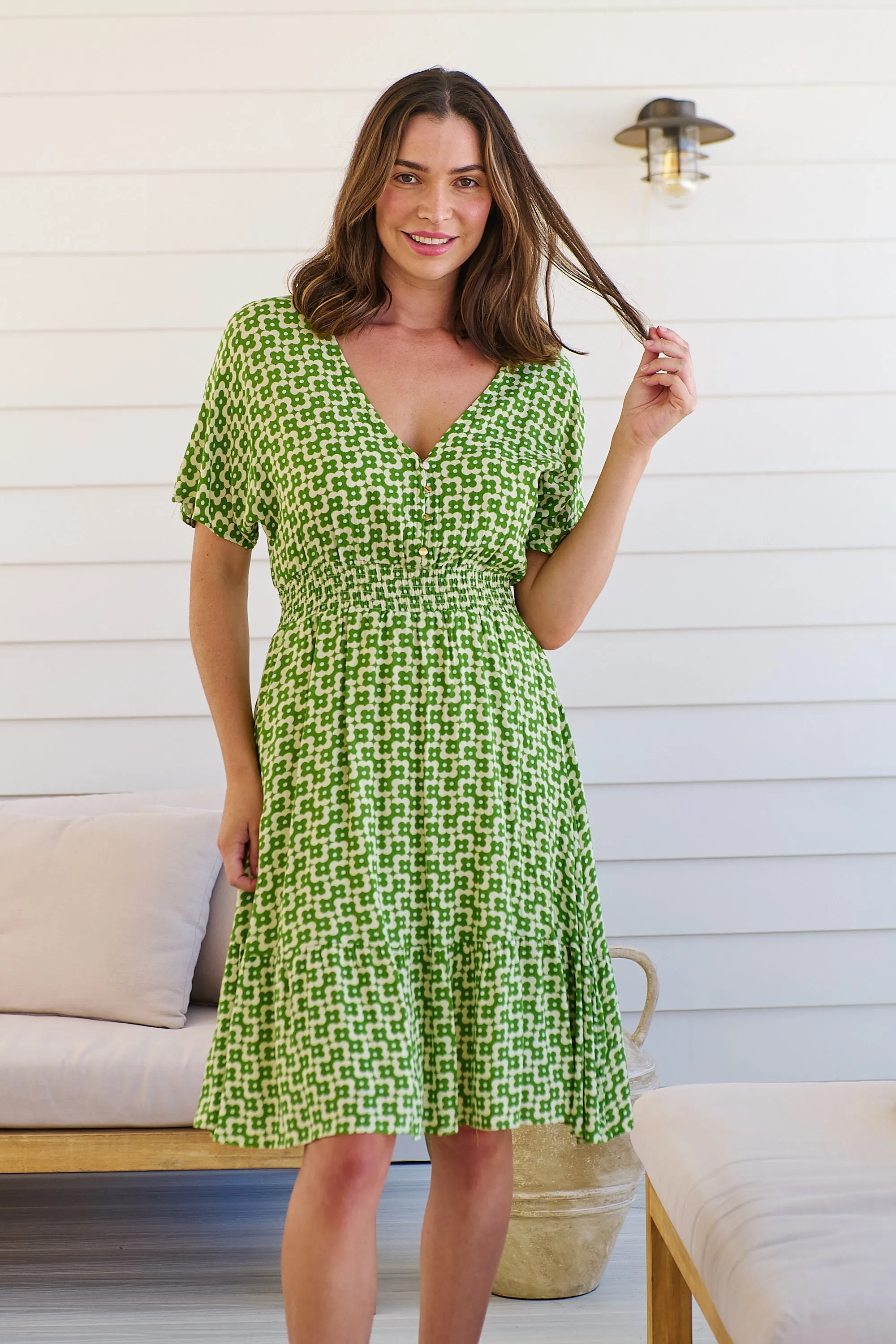 Chiara Cap Sleeve Green Retro Print Button Front Dress