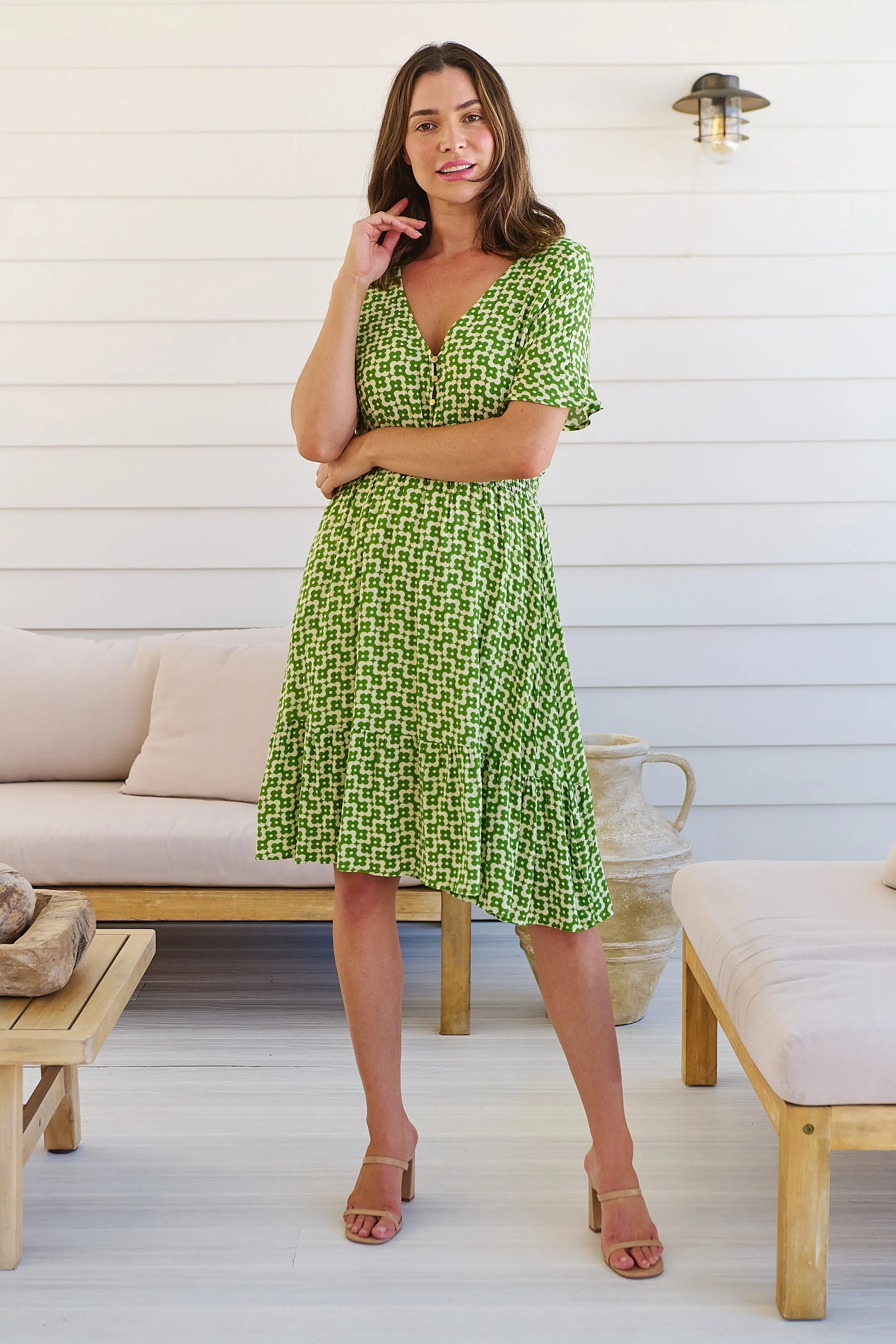 Chiara Cap Sleeve Green Retro Print Button Front Dress