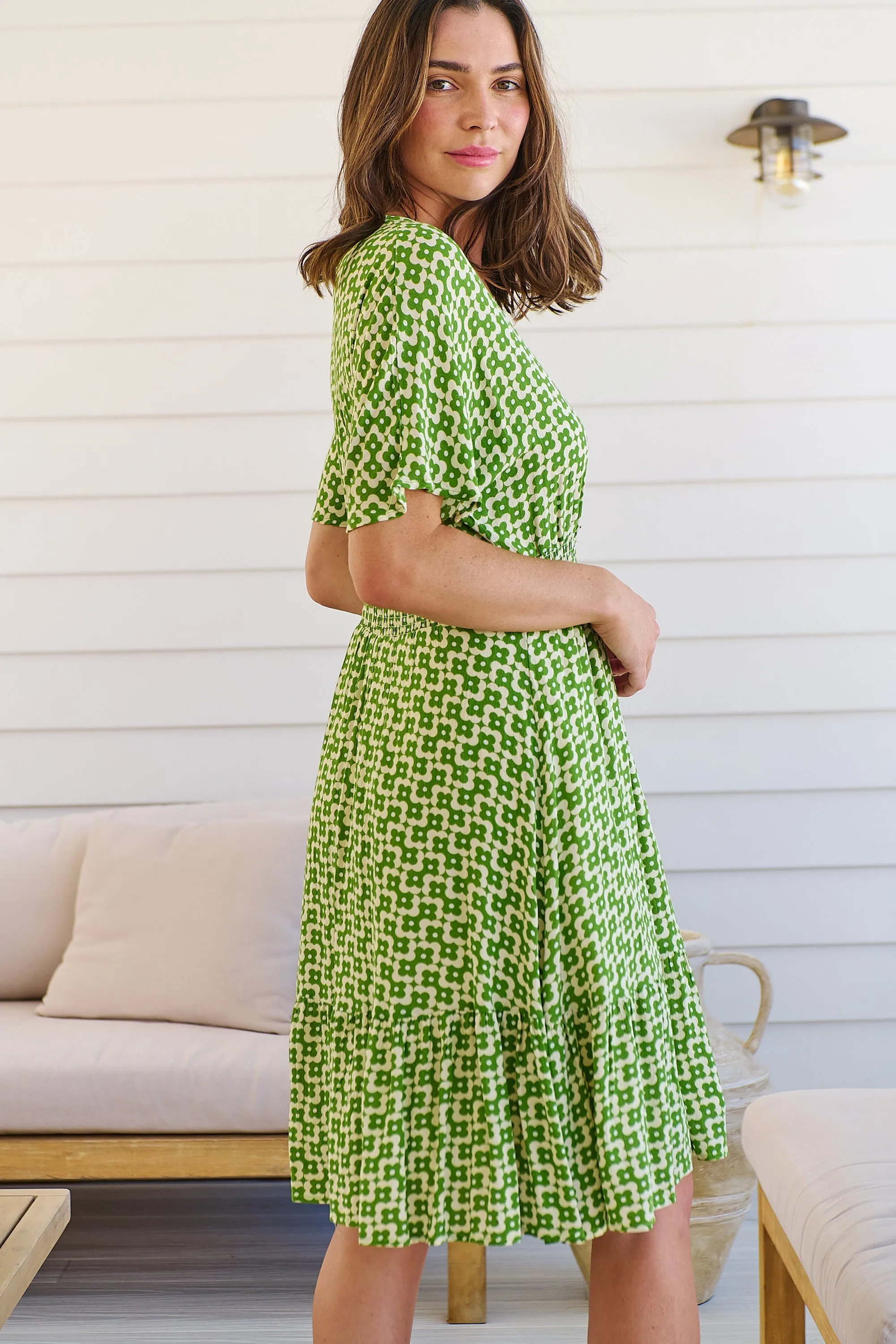 Chiara Cap Sleeve Green Retro Print Button Front Dress