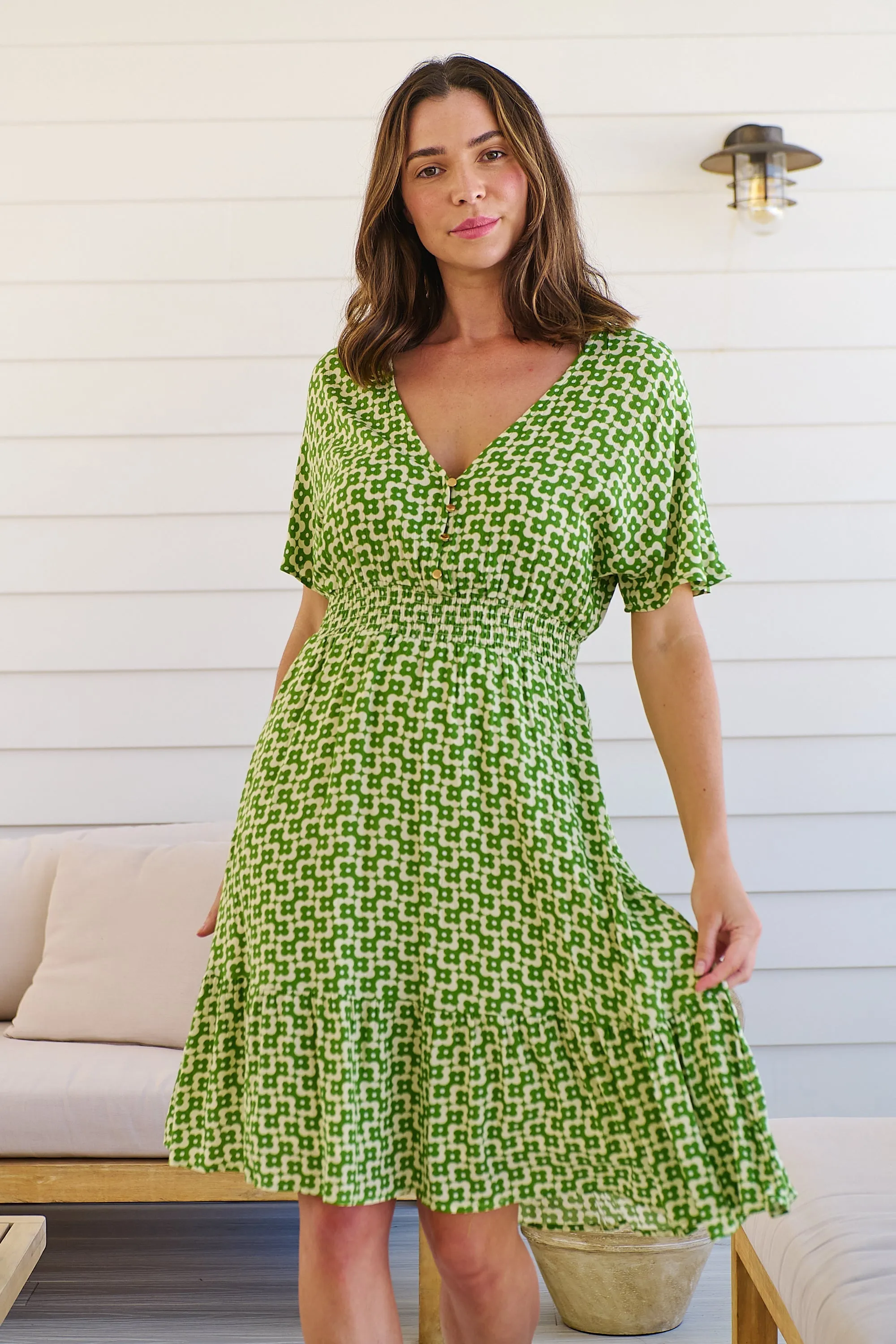 Chiara Cap Sleeve Green Retro Print Button Front Dress