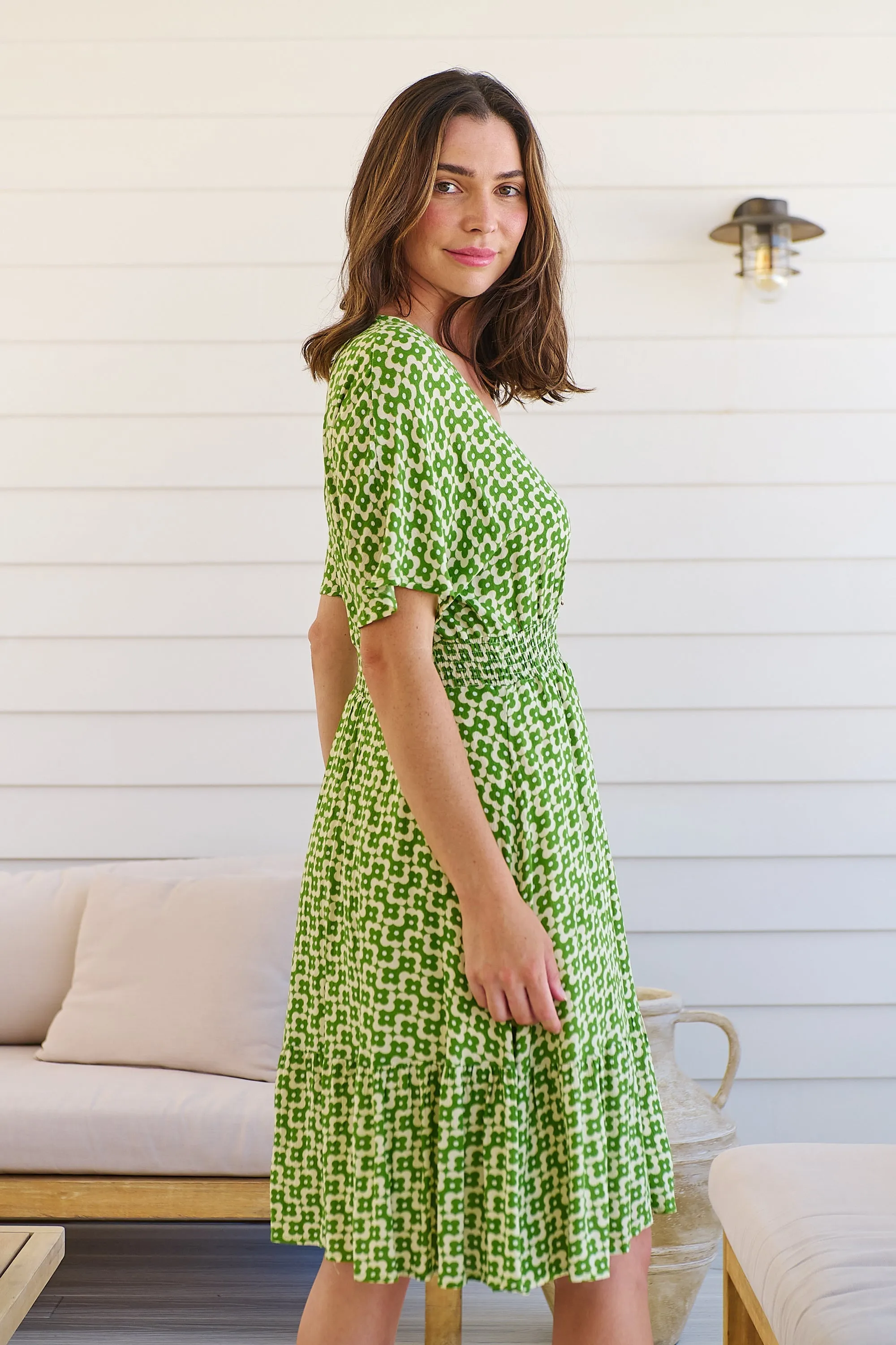 Chiara Cap Sleeve Green Retro Print Button Front Dress