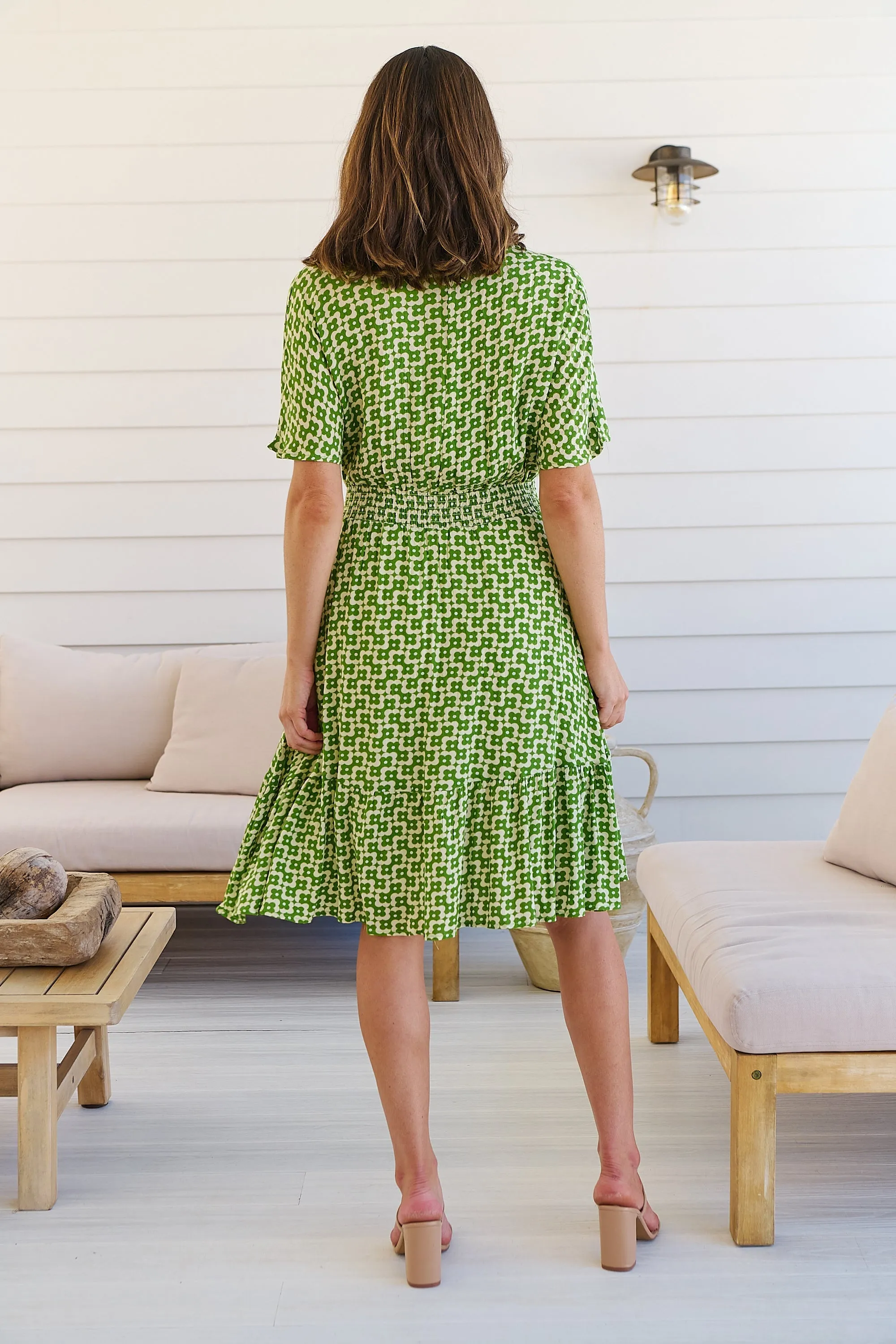 Chiara Cap Sleeve Green Retro Print Button Front Dress