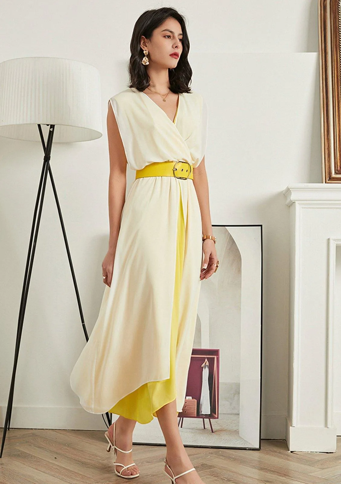 Chiffon Double Tiered Belted Sleeveless Maxi Dress