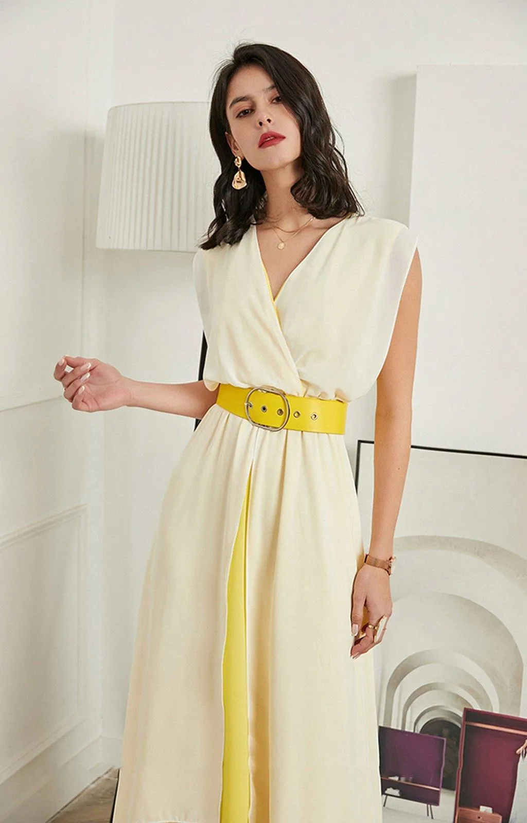 Chiffon Double Tiered Belted Sleeveless Maxi Dress