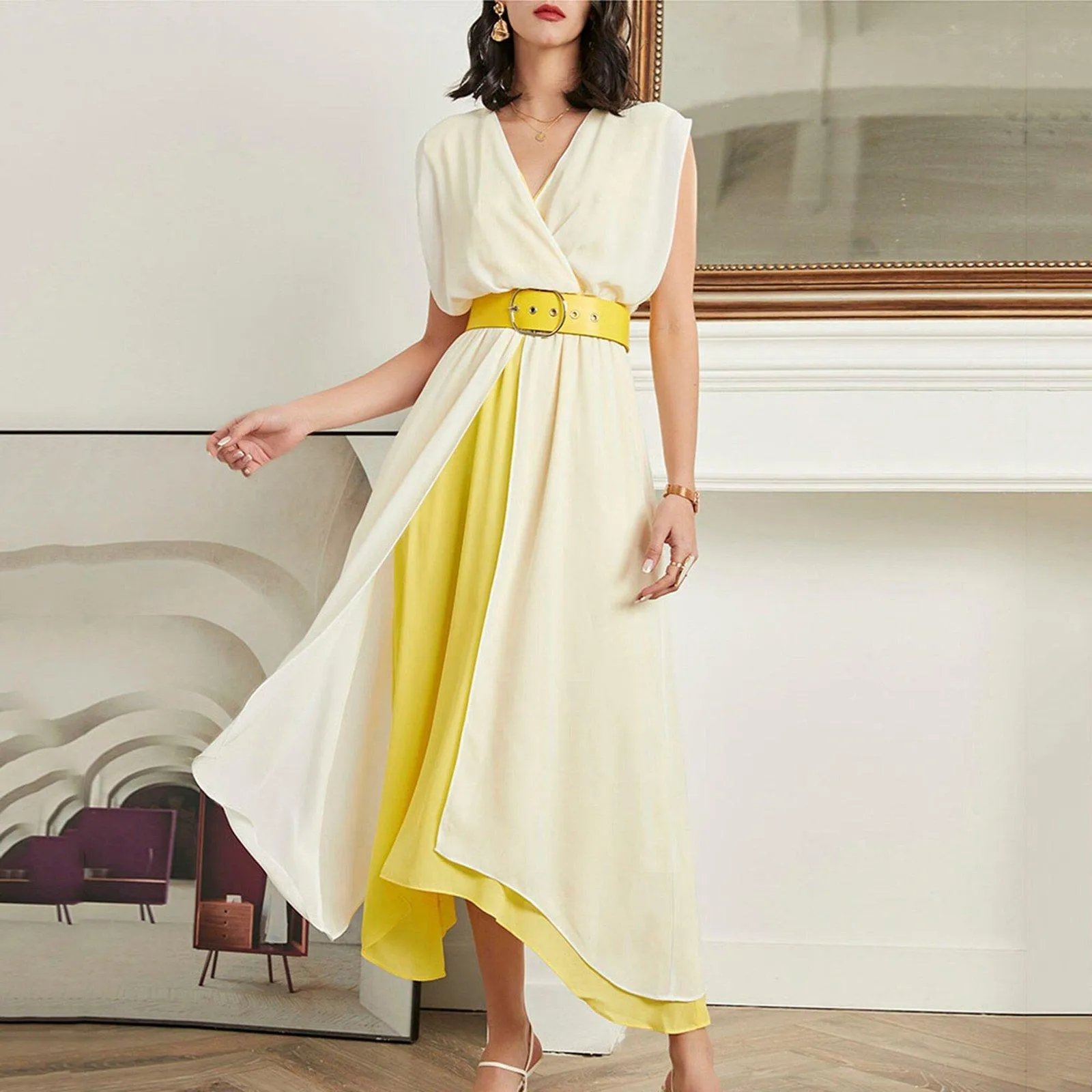 Chiffon Double Tiered Belted Sleeveless Maxi Dress