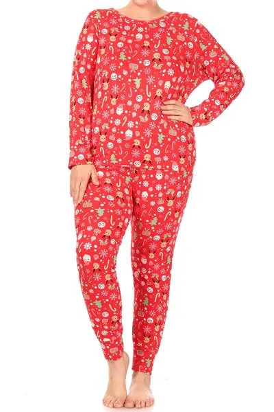 Christmas Reindeer Snowman Plus Size Lounge Pajama Set Pants and Shirt