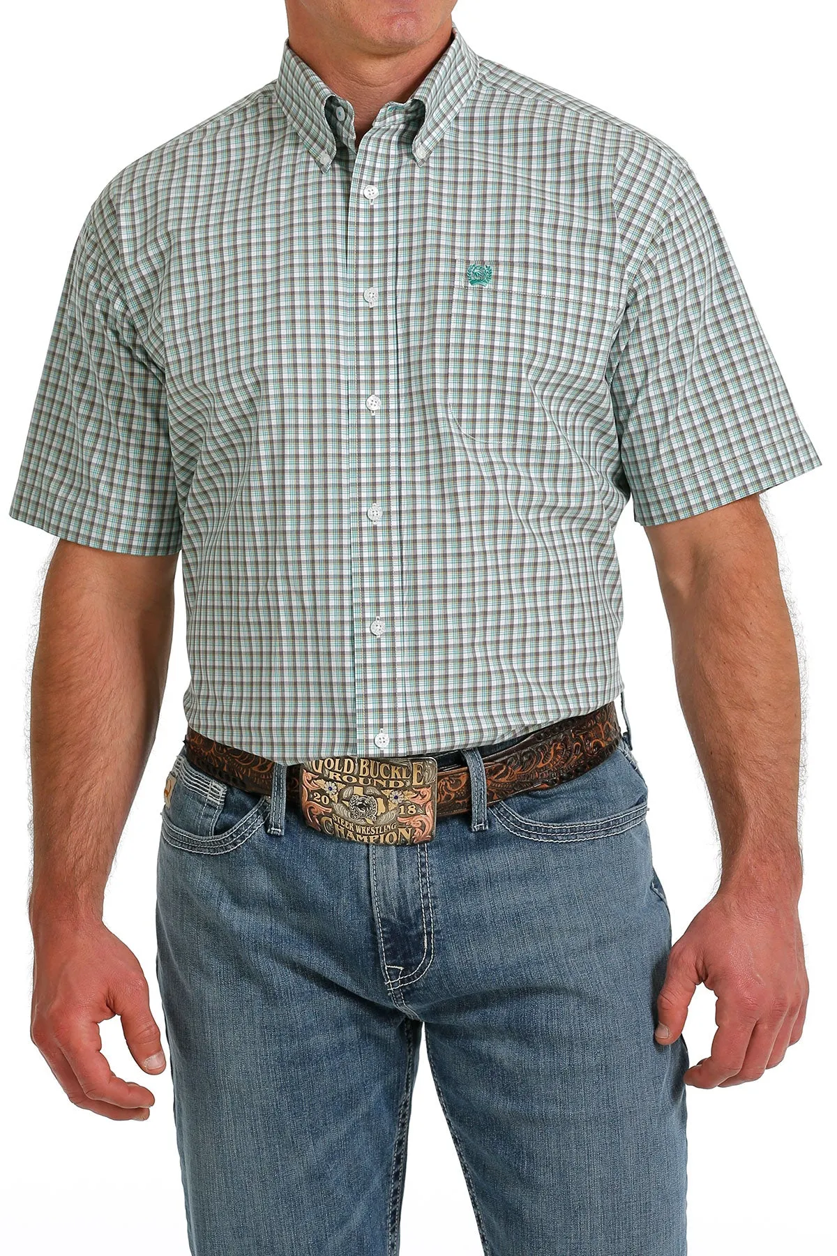 Cinch Men's Plaid Top - White, Teal, Gold