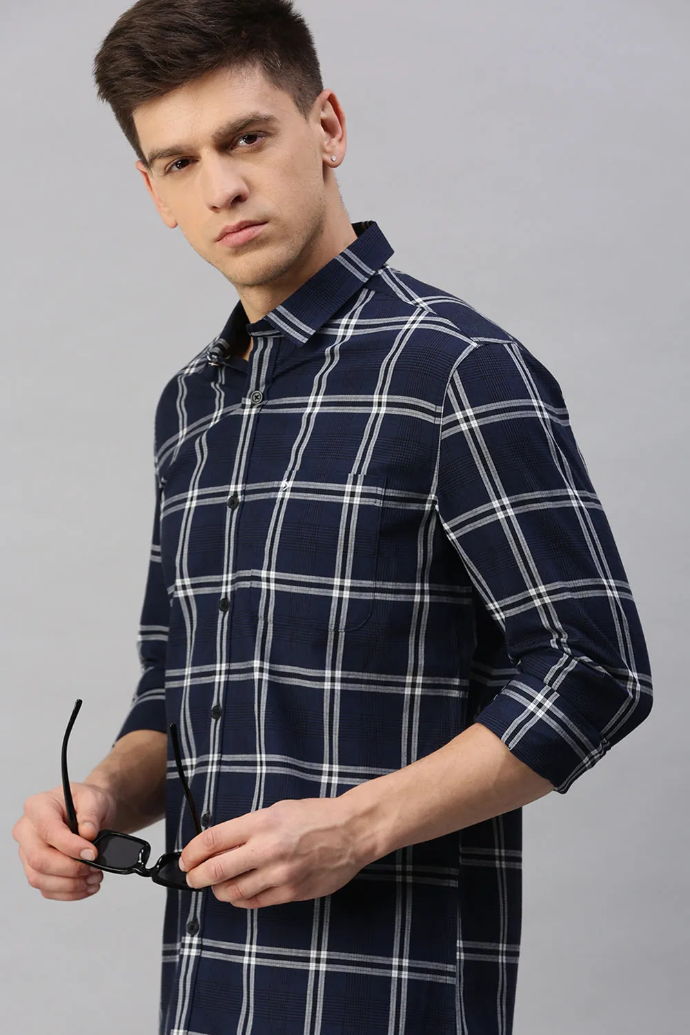 Classic Polo Men's Cotton Full Sleeve Checked Slim Fit Polo Neck Navy Color Woven Shirt | So1-117 A