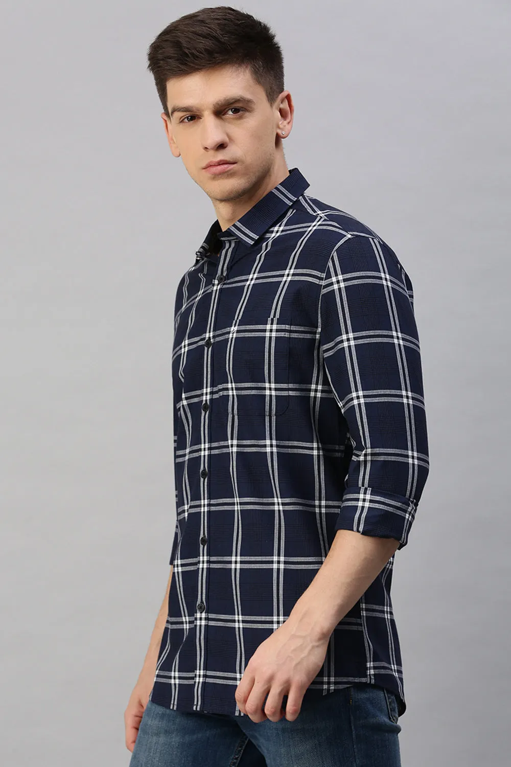 Classic Polo Men's Cotton Full Sleeve Checked Slim Fit Polo Neck Navy Color Woven Shirt | So1-117 A