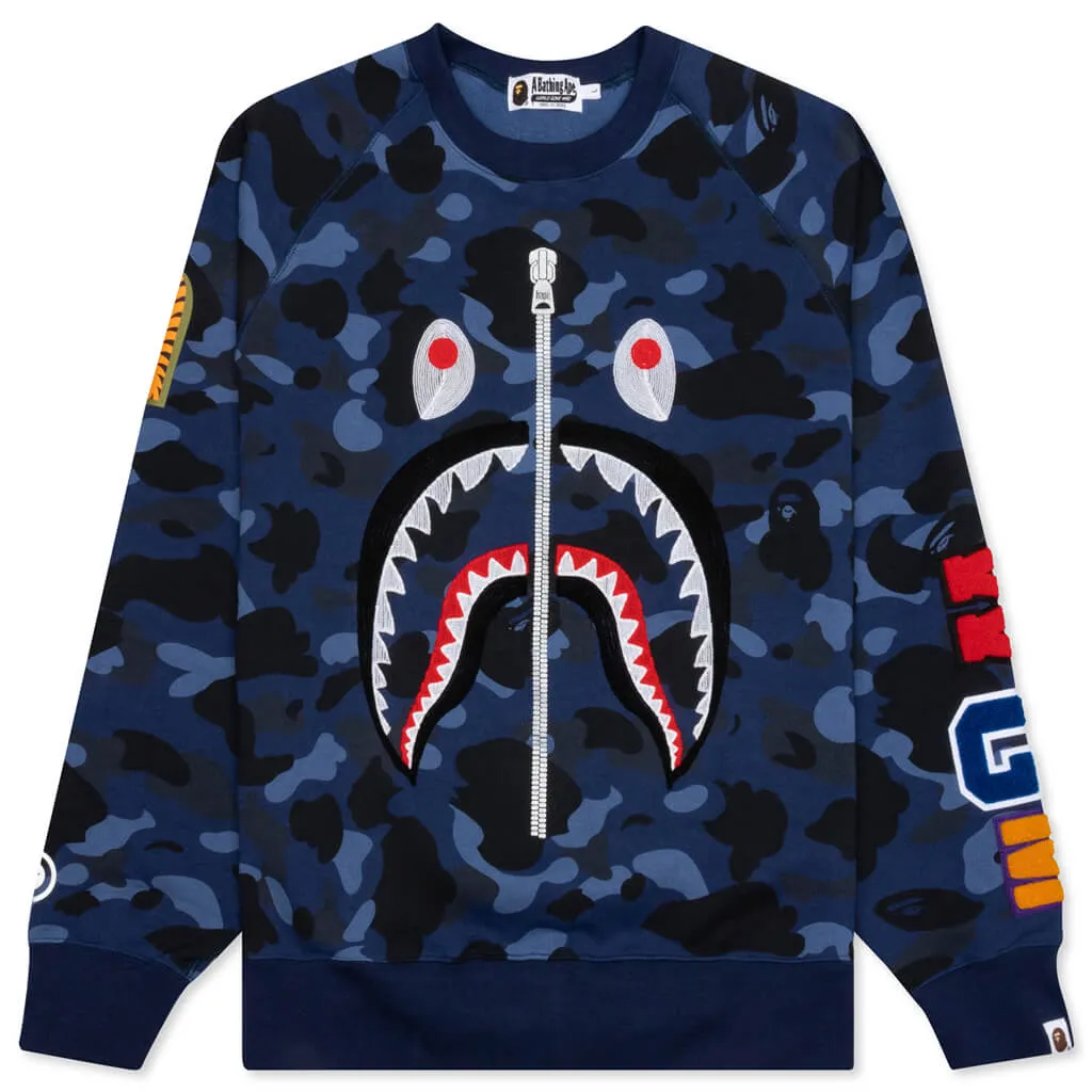 Color Camo Embroidery Shark Crewneck - Navy