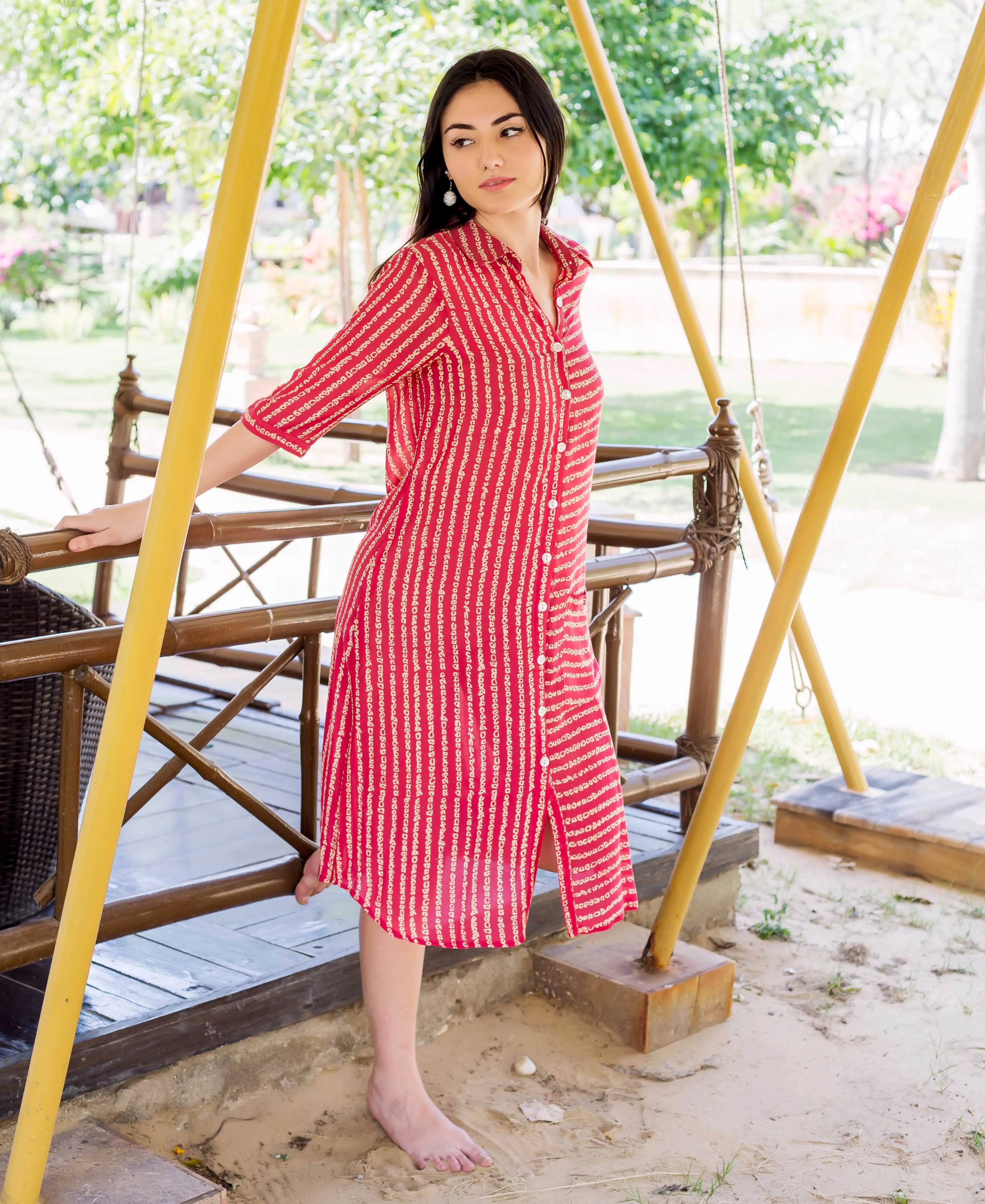 Coral Button Down Block Printed Dress