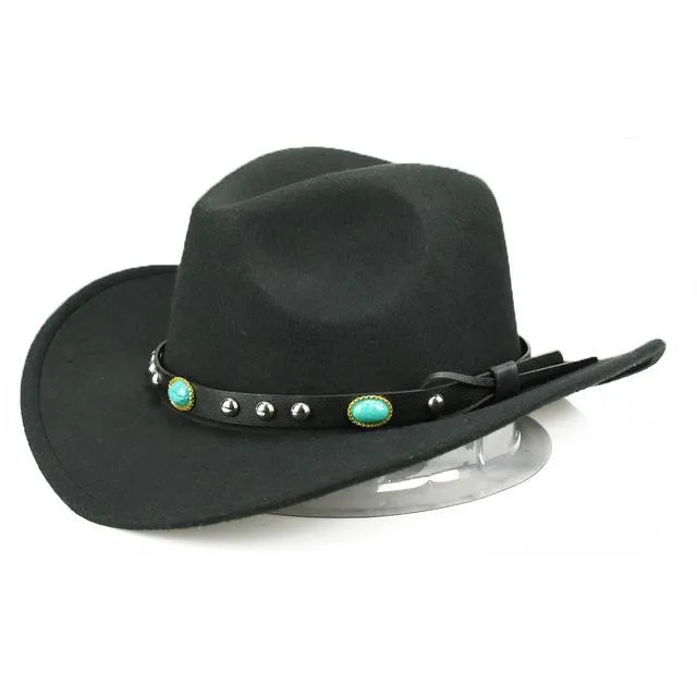 Cowboy Hat with Featured Belt Blue Stone and Black Band