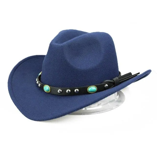 Cowboy Hat with Featured Belt Blue Stone and Black Band