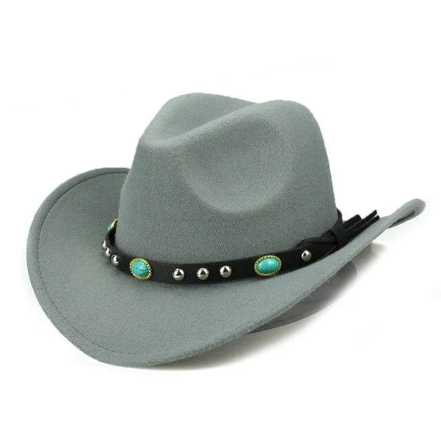 Cowboy Hat with Featured Belt Blue Stone and Black Band