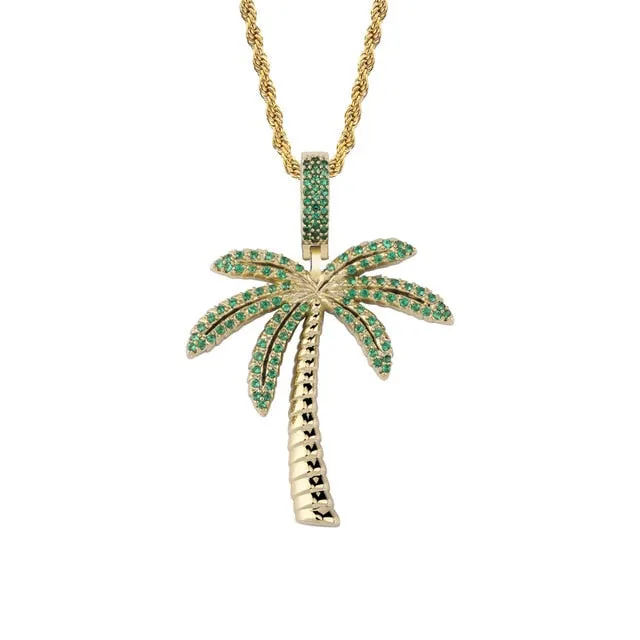 Cubic Zirconia Gold/Silver-Plated Coconut Tree Hip-Hop Pendant Necklace