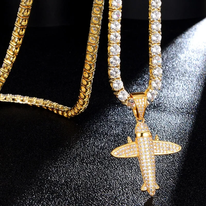 Cubic-Zirconia-Studded Aircraft Bling Hip-hop Pendant Necklace