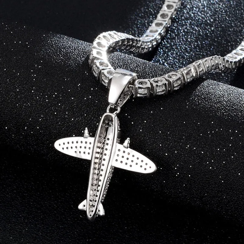 Cubic-Zirconia-Studded Aircraft Bling Hip-hop Pendant Necklace