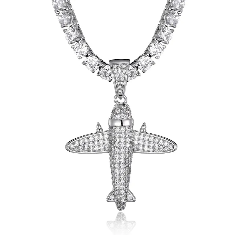 Cubic-Zirconia-Studded Aircraft Bling Hip-hop Pendant Necklace