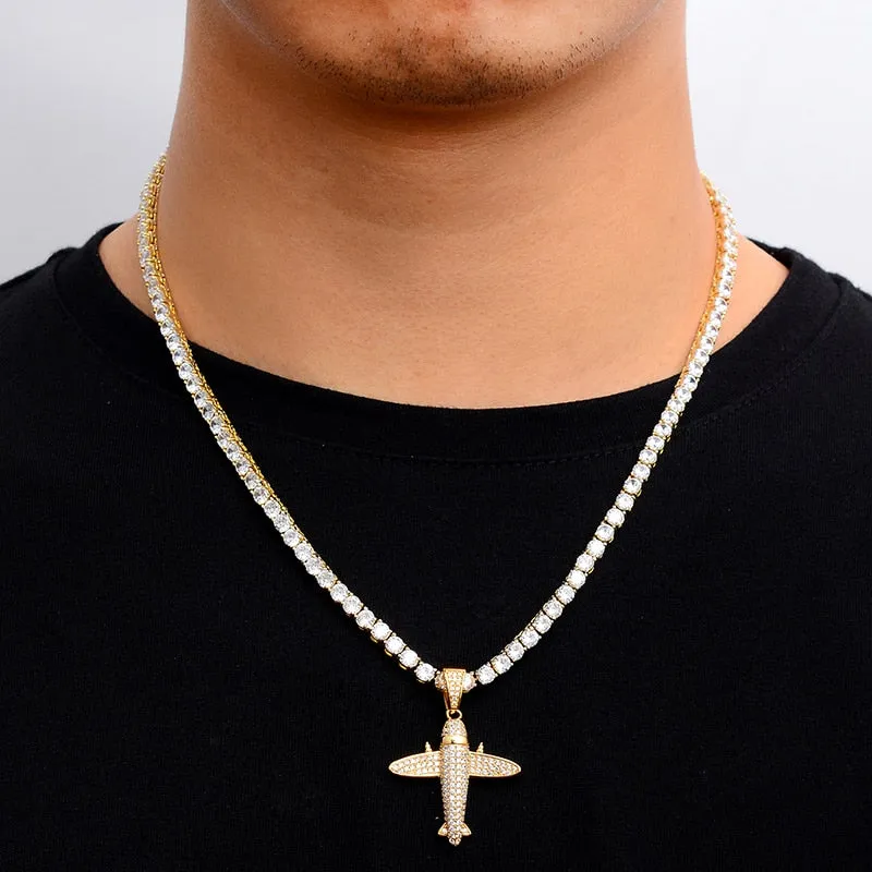 Cubic-Zirconia-Studded Aircraft Bling Hip-hop Pendant Necklace