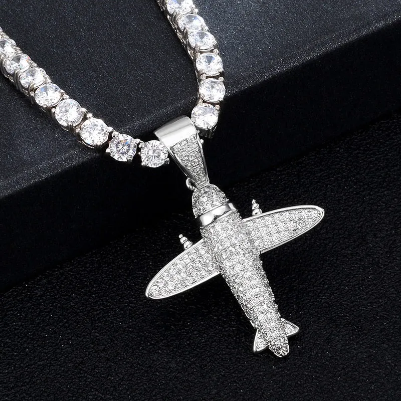 Cubic-Zirconia-Studded Aircraft Bling Hip-hop Pendant Necklace