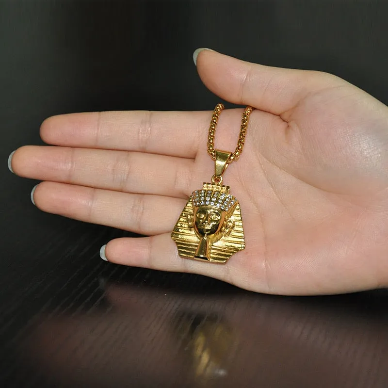 Cubic Zirconia Studded Ancient Egypt Pharaoh Bead Chain Stainless Steel Hip-hop Pendant Necklace